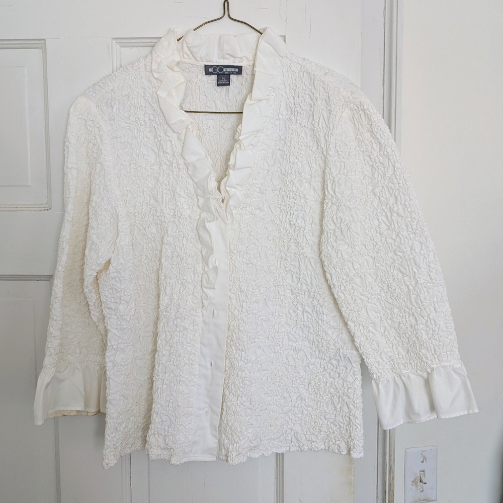 GO SILK Elegant White Ruffled Women's Top SZ PL Petite Large